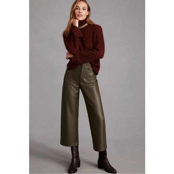 NEW Anthropologie Maeve Colette Moss Cropped Wide-Leg Faux Leather Pants Size 32